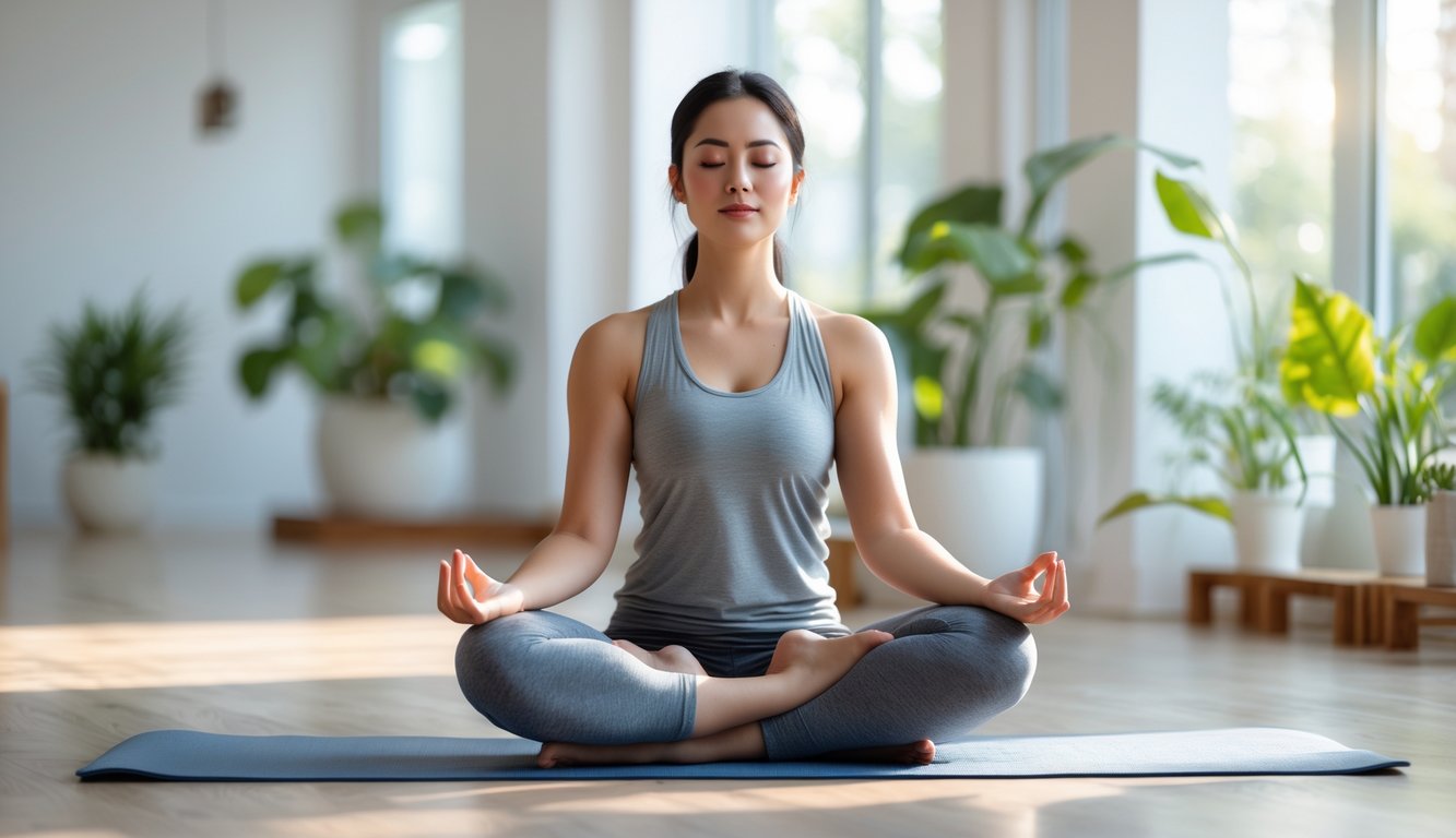 Seorang wanita muda duduk bersila dengan mata tertutup di dalam ruangan yang terang, sedang bermeditasi dengan tenang.