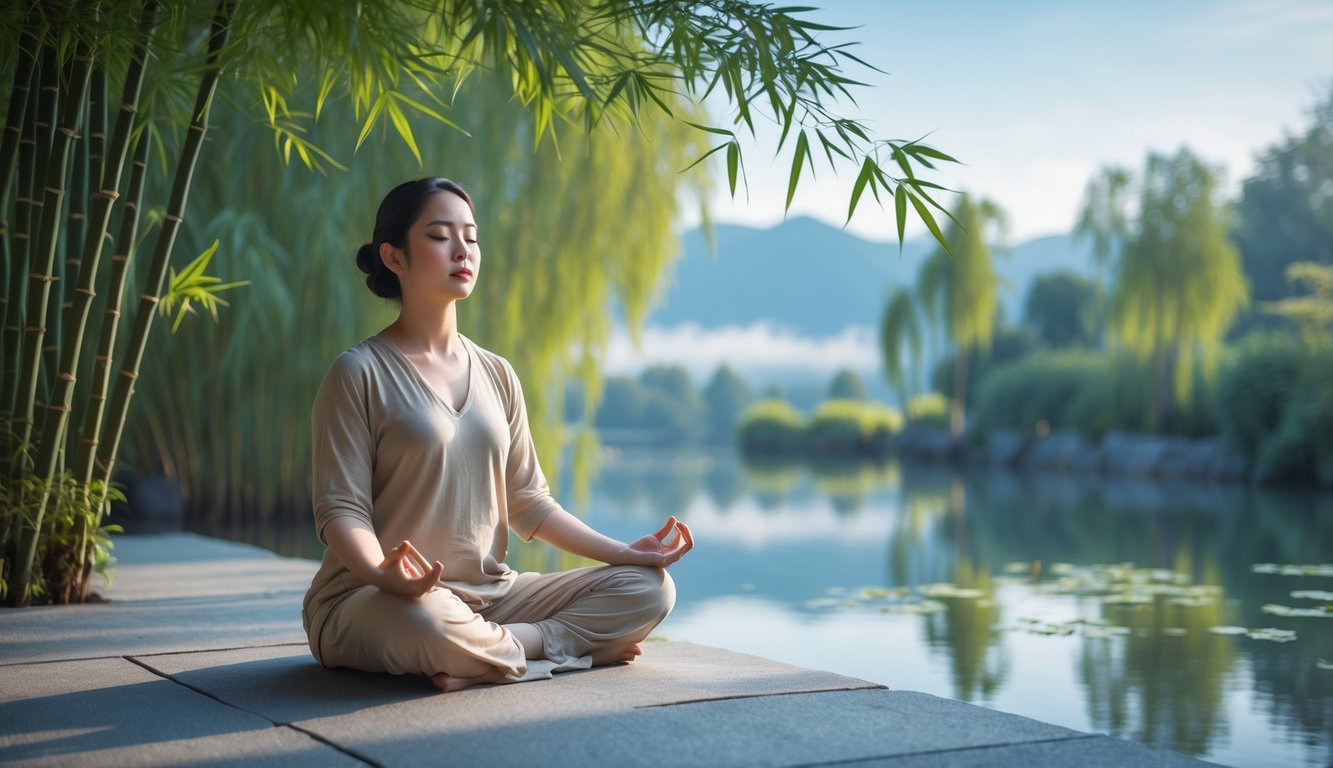 Seorang pria duduk bersila bermeditasi di tepi kolam yang tenang di tengah pepohonan hijau.