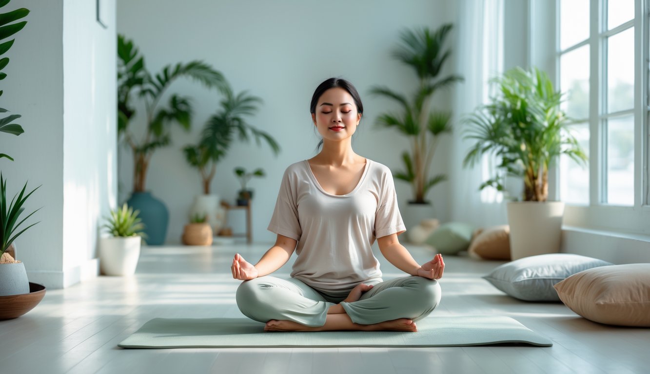 Seseorang sedang bermeditasi dengan tenang di dalam ruangan yang terang dan minimalis, duduk bersila dengan mata tertutup dan ekspresi wajah rileks.