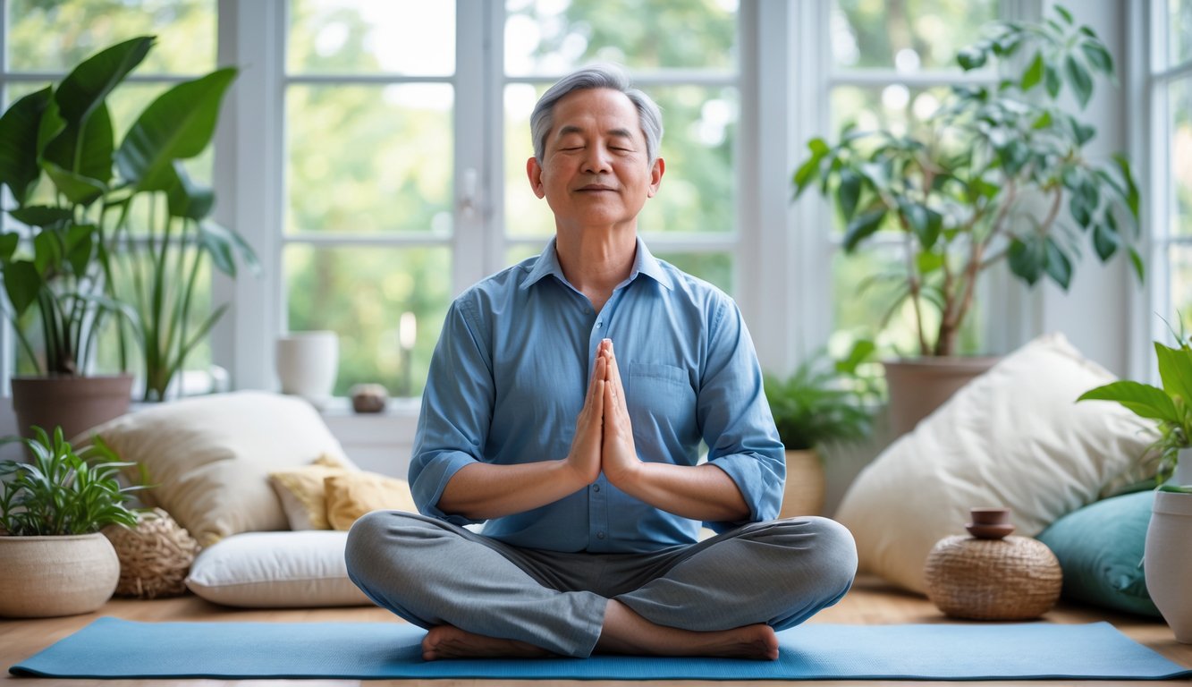 Seorang pria duduk bersila dengan mata tertutup di ruangan terang yang dipenuhi tanaman, menunjukkan suasana tenang dan damai saat meditasi.