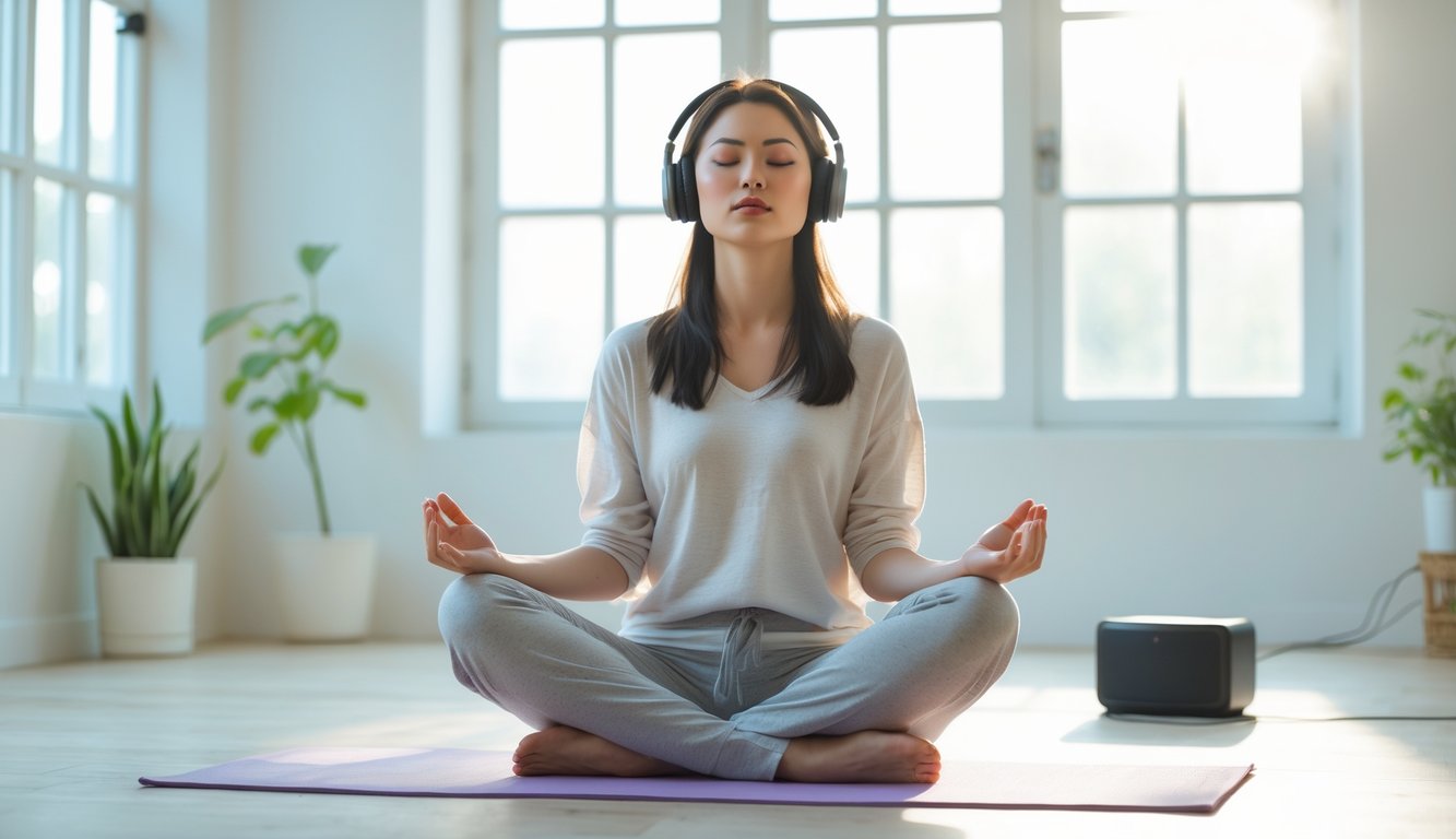 Seorang wanita duduk bersila dengan headphone di ruangan terang sambil bermeditasi dengan ekspresi tenang.