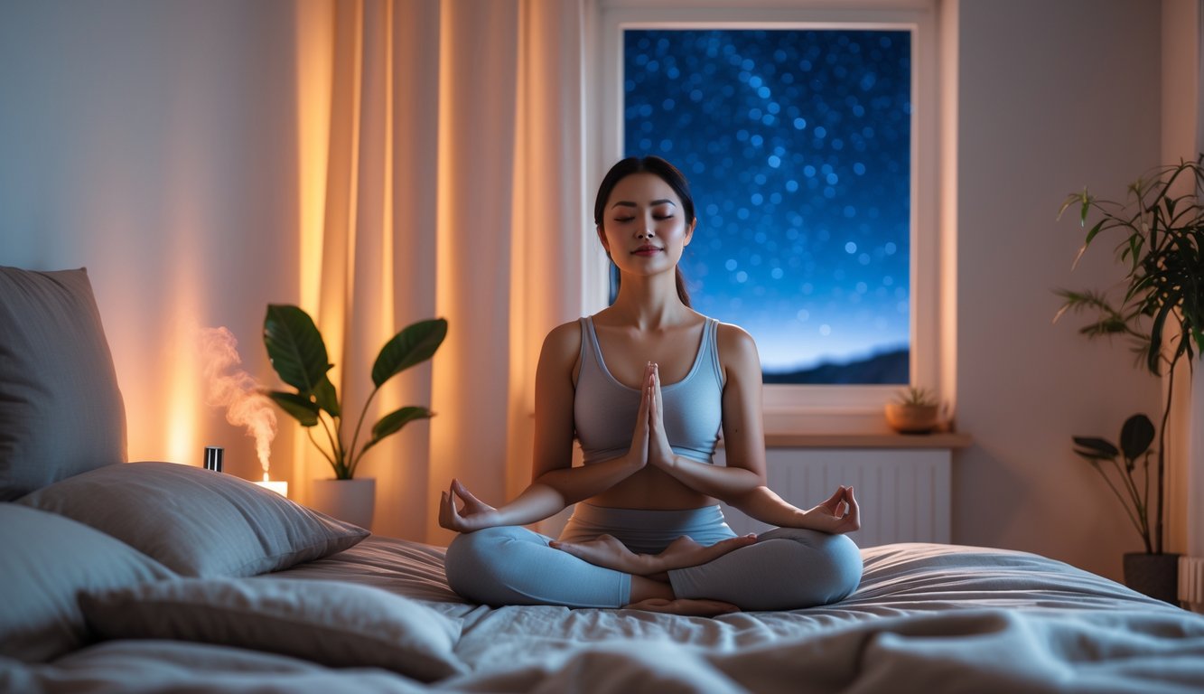 Seorang wanita duduk bersila di atas tempat tidur sambil bermeditasi dengan mata tertutup di kamar yang tenang dan nyaman pada malam hari.