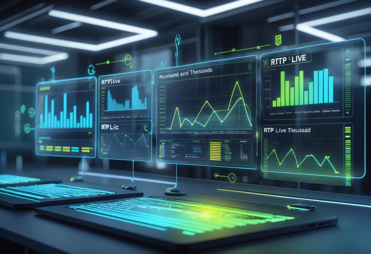 Ilustrasi profesional yang menunjukkan layar data analitik game secara langsung dengan grafik dan diagram dalam ruangan berteknologi tinggi.