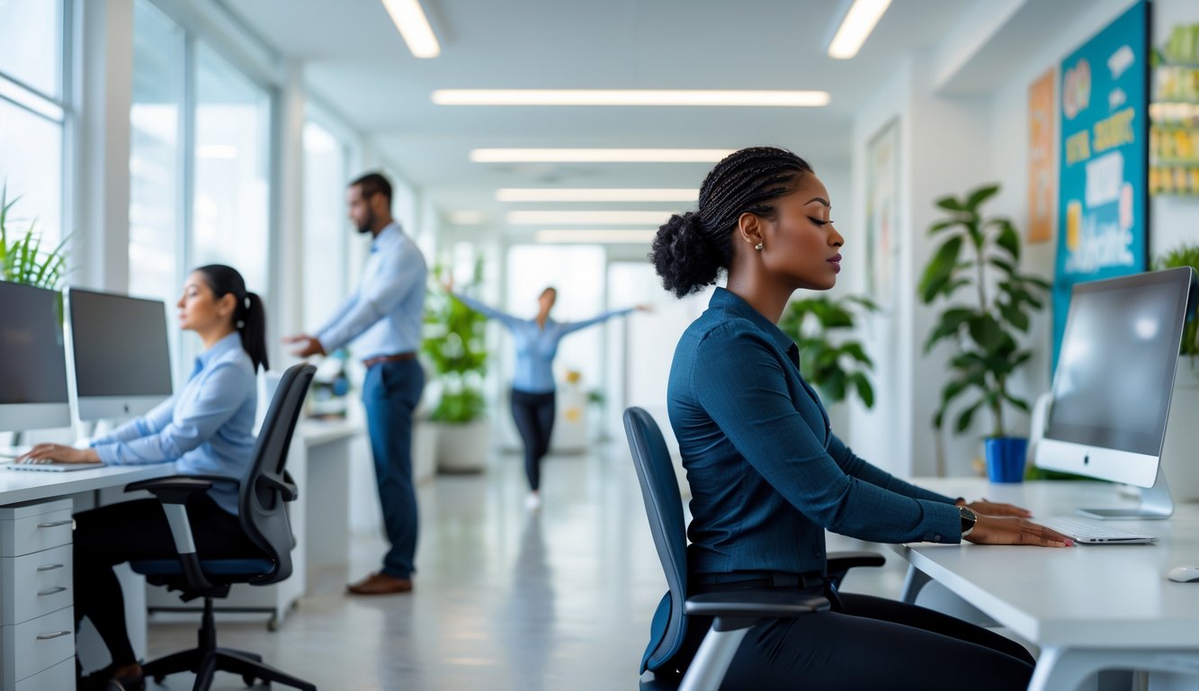 Beberapa karyawan di kantor melakukan teknik mengelola stres seperti bernapas dalam, peregangan, dan berjalan singkat di koridor kantor yang terang dan penuh tanaman.