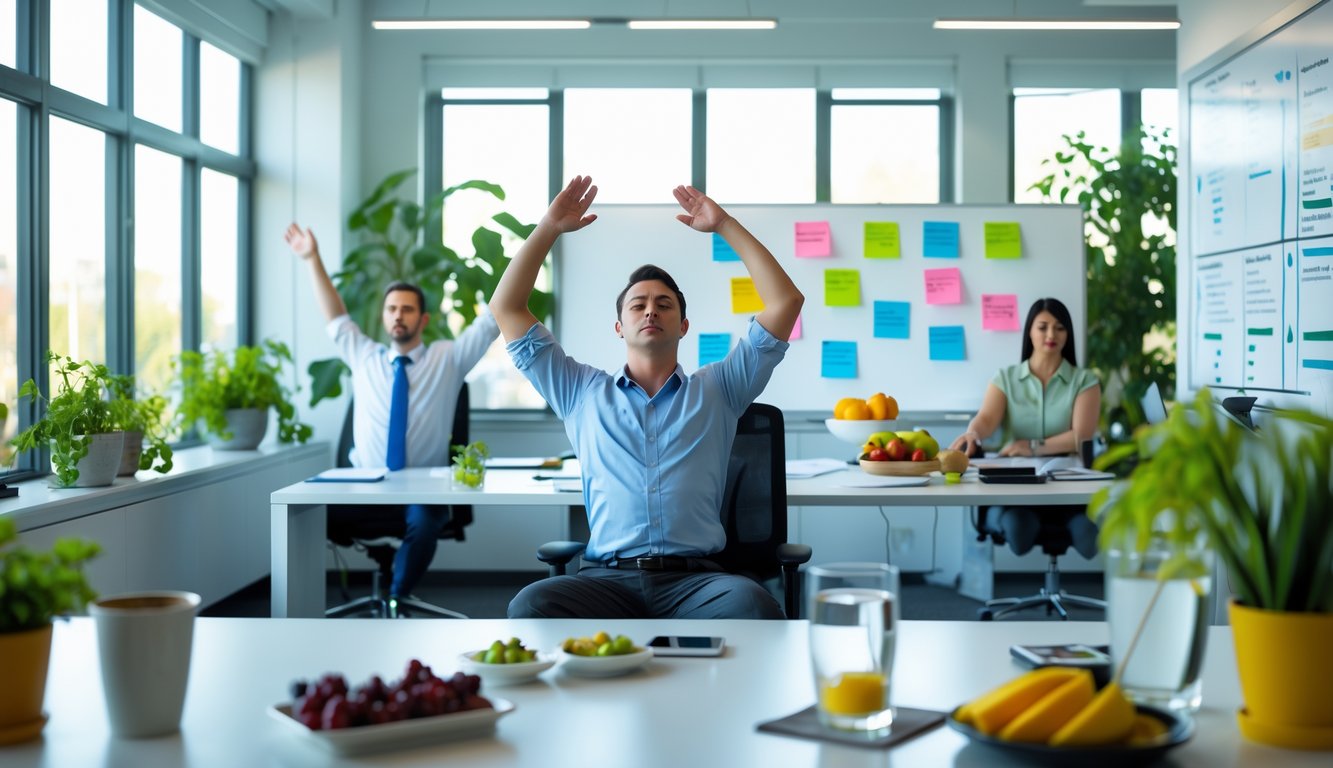 Beberapa pekerja kantor sedang melakukan aktivitas relaksasi seperti meditasi dan peregangan di ruang kerja yang terang dan rapi dengan tanaman hijau.