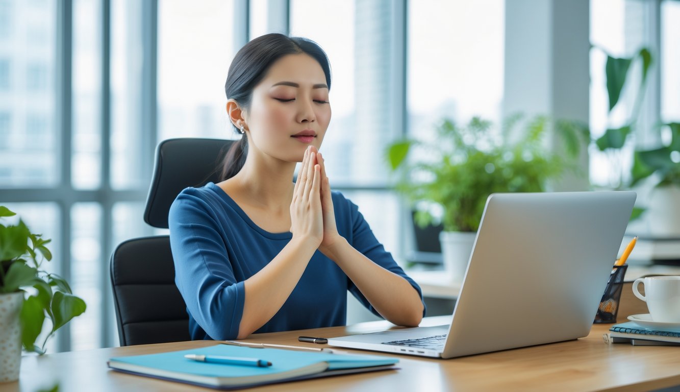 Seorang wanita muda di kantor sedang beristirahat dengan mata tertutup dan tangan di pangkuan, menunjukkan cara mengatasi stres kerja.