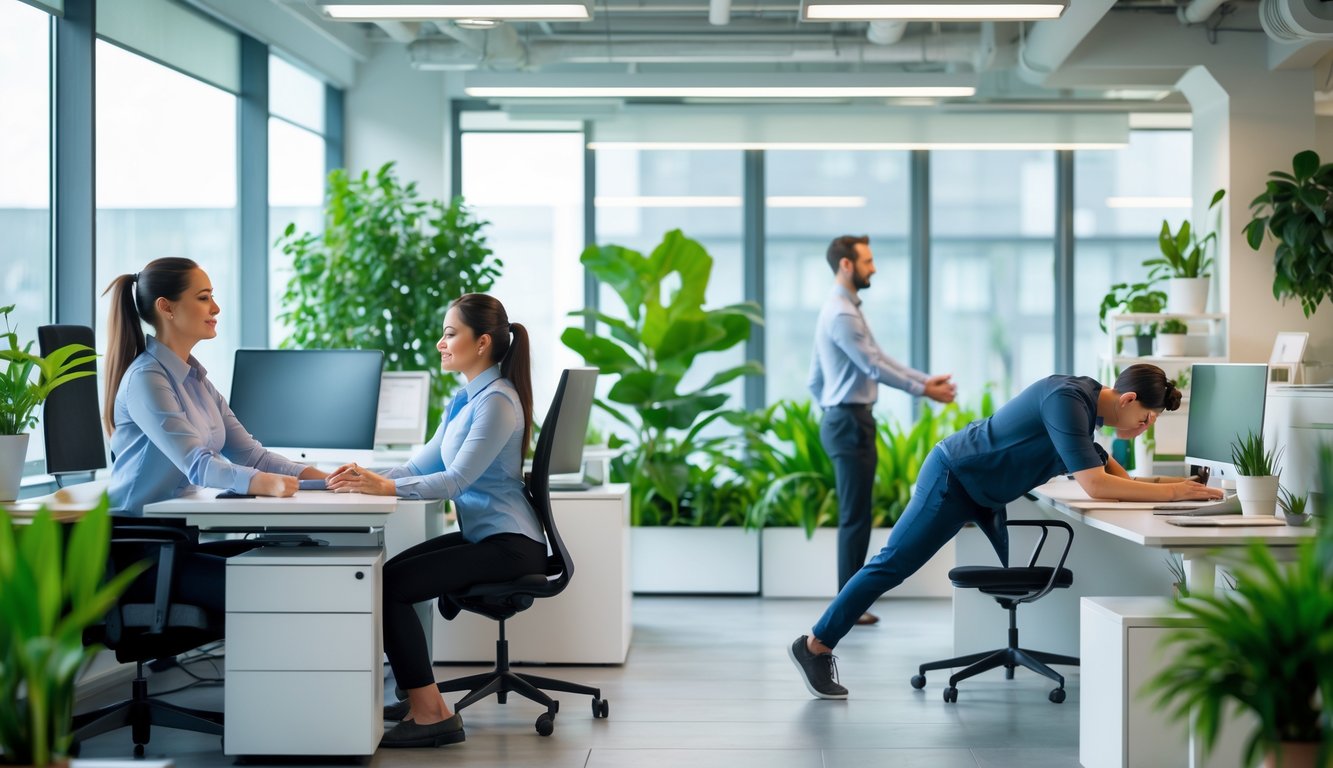 Beberapa pekerja kantor melakukan aktivitas relaksasi seperti bernapas dalam, peregangan, dan berjalan di taman dalam ruangan.