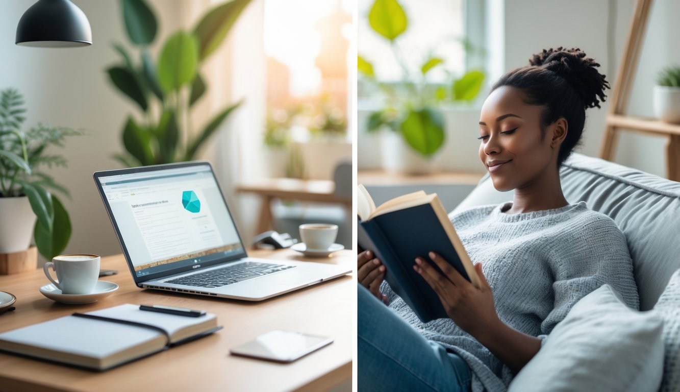 Seorang pria duduk santai di sofa sambil membaca buku di ruang tamu yang nyaman, dengan meja kerja dan laptop di latar belakang.