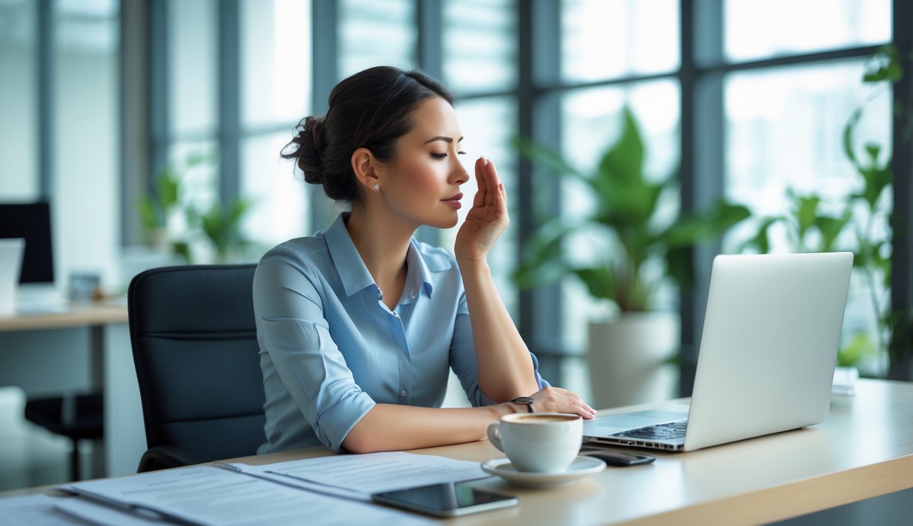 Seorang pekerja kantor yang tenang dan fokus duduk di meja kerja yang rapi dengan laptop dan tanaman di latar belakang.
