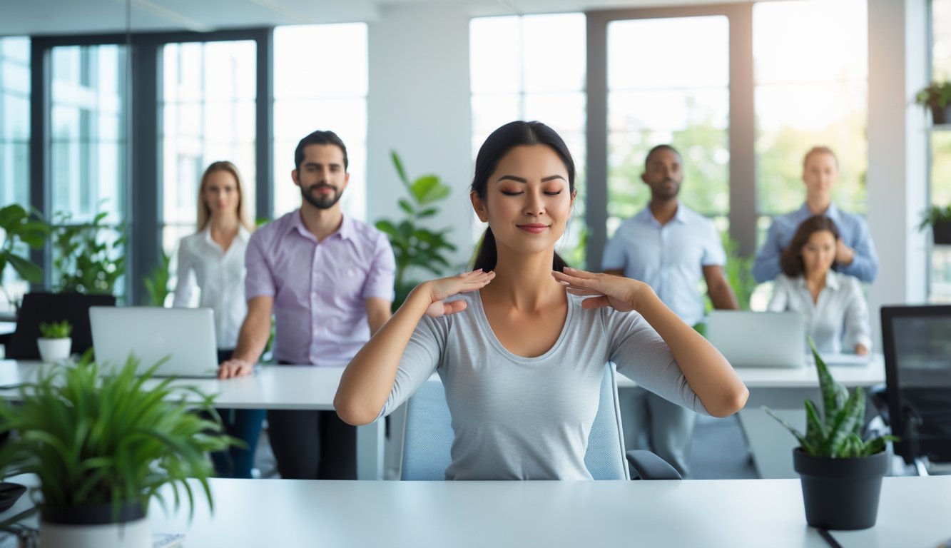 Beberapa karyawan di kantor sedang melakukan latihan peregangan dan pernapasan untuk mengurangi stres kerja.