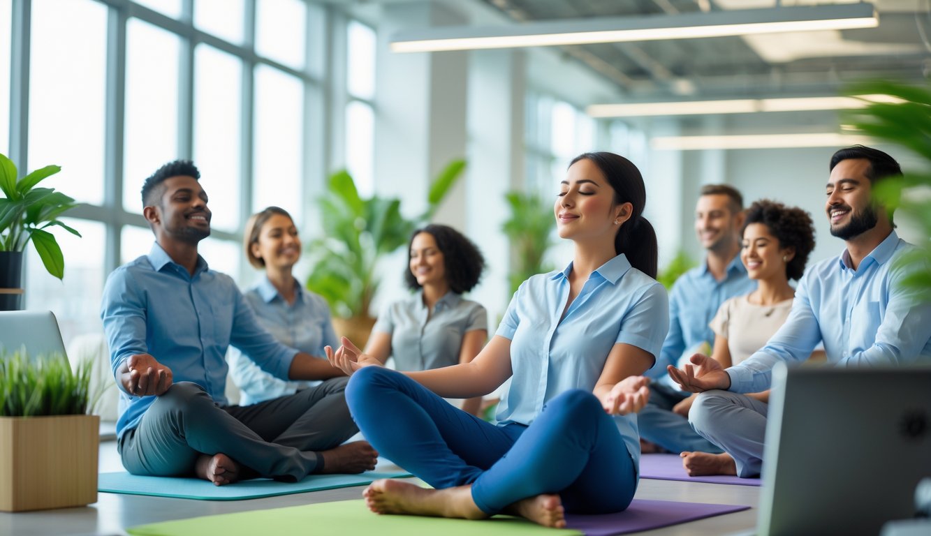 Sejumlah karyawan sedang beristirahat di kantor, melakukan latihan pernapasan dan peregangan untuk mengelola stres agar tetap produktif.