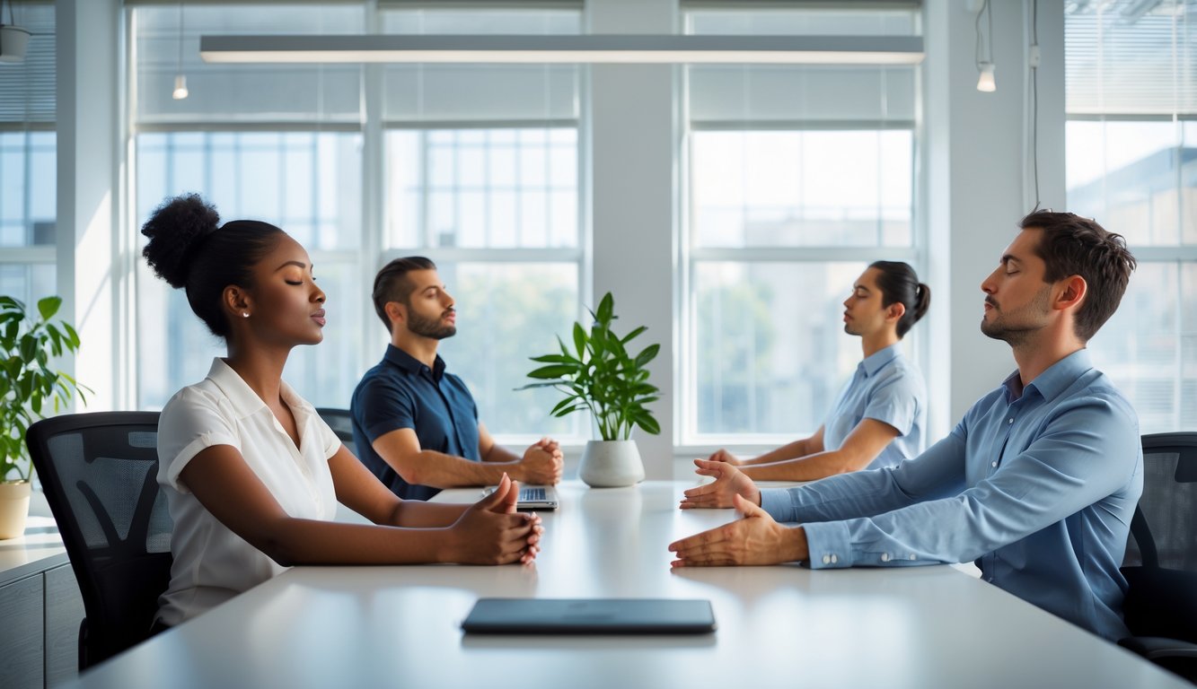 Beberapa karyawan di kantor modern sedang melakukan teknik relaksasi untuk mengatasi stres kerja, seperti bernapas dalam dan peregangan.