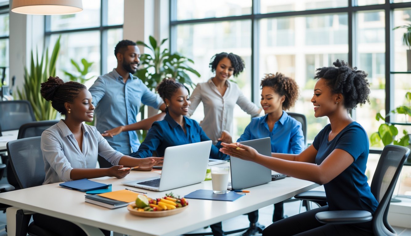 Sekelompok pekerja kantor yang beragam sedang berdiskusi dan melakukan latihan peregangan di ruang kerja yang terang dan penuh tanaman, menciptakan suasana kerja yang sehat dan positif.