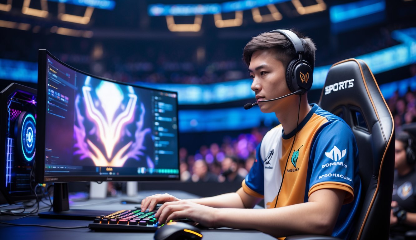 Seorang pemain profesional Dota 2 sedang duduk di depan komputer gaming dengan monitor besar di arena turnamen esports.
