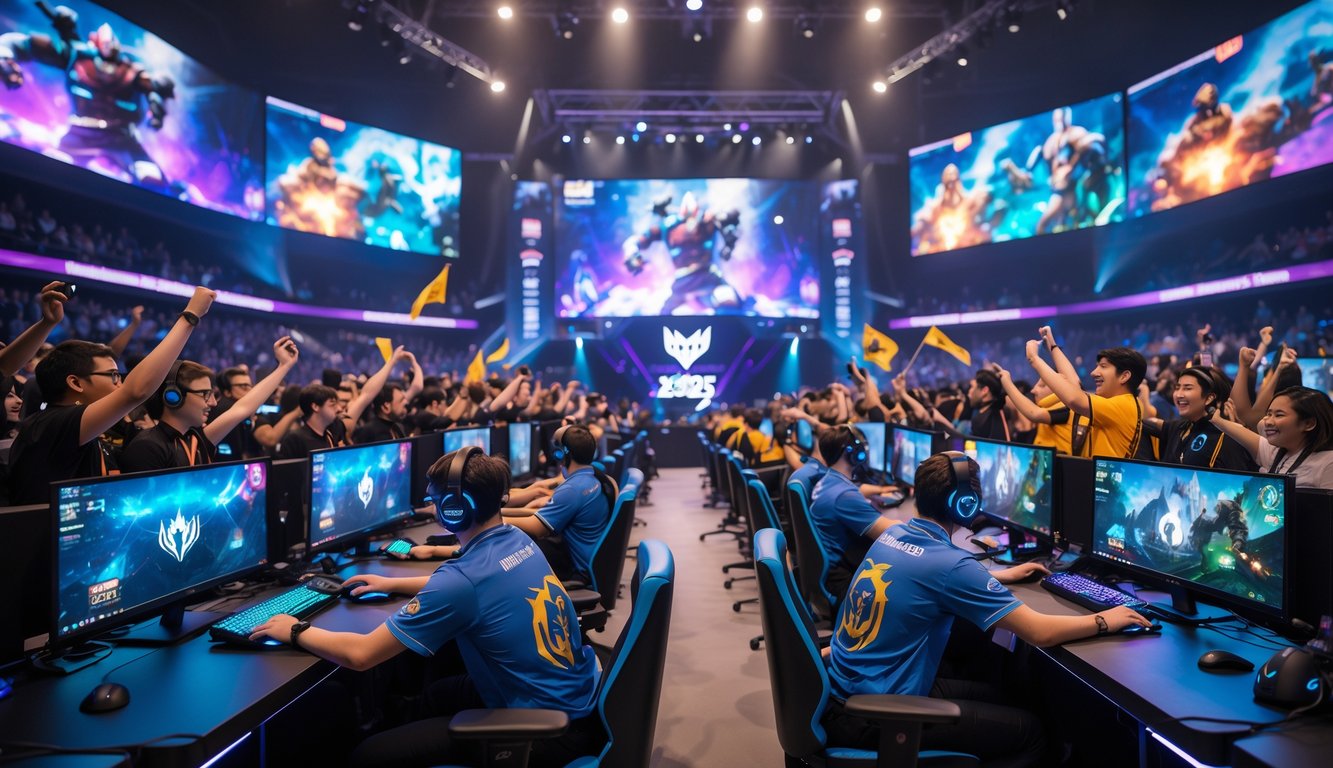 Suasana turnamen Dota 2 dengan pemain profesional bermain di panggung dan penonton yang antusias di arena besar.