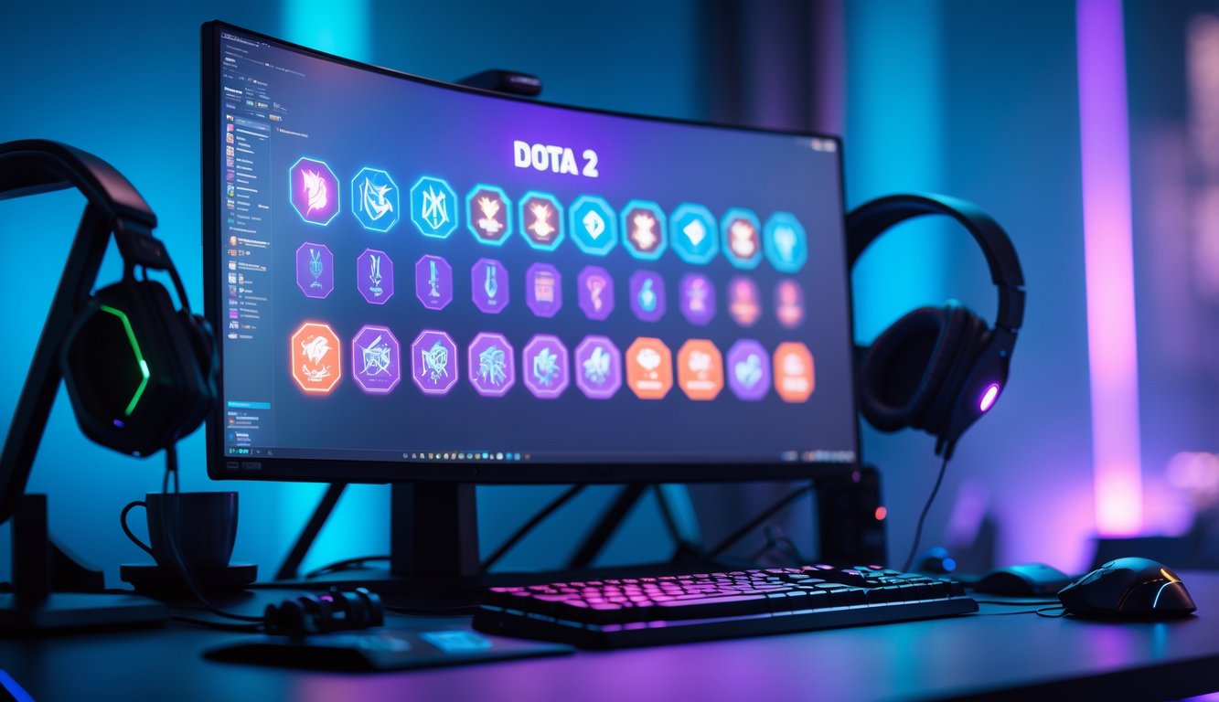 Sebuah setup komputer modern dengan monitor menampilkan ikon pahlawan Dota 2 yang disusun dalam tingkat tanpa teks, dikelilingi oleh perangkat gaming seperti keyboard dan mouse, dengan pencahayaan ambient biru dan ungu.