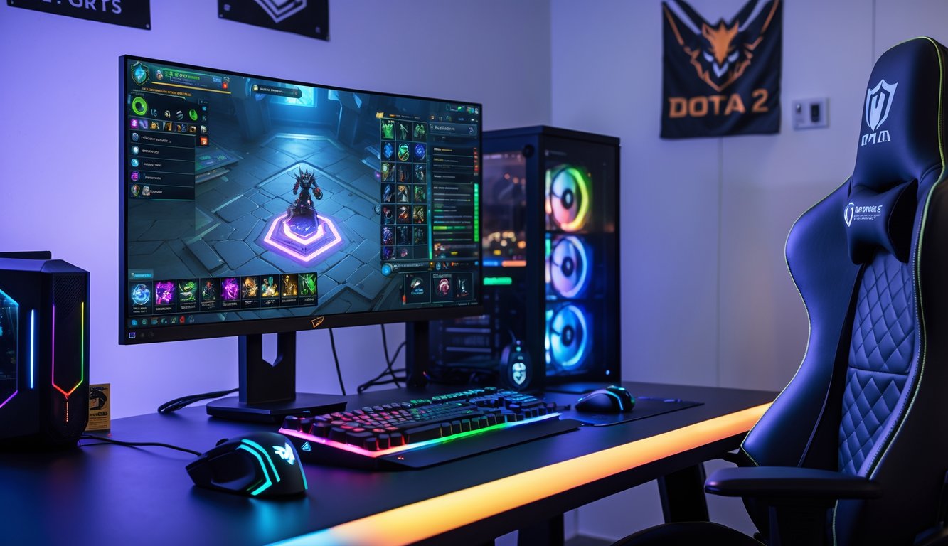 Sebuah ruang permainan dengan komputer dan monitor yang menampilkan layar permainan Dota 2, dilengkapi dengan perlengkapan gaming di sekitarnya.