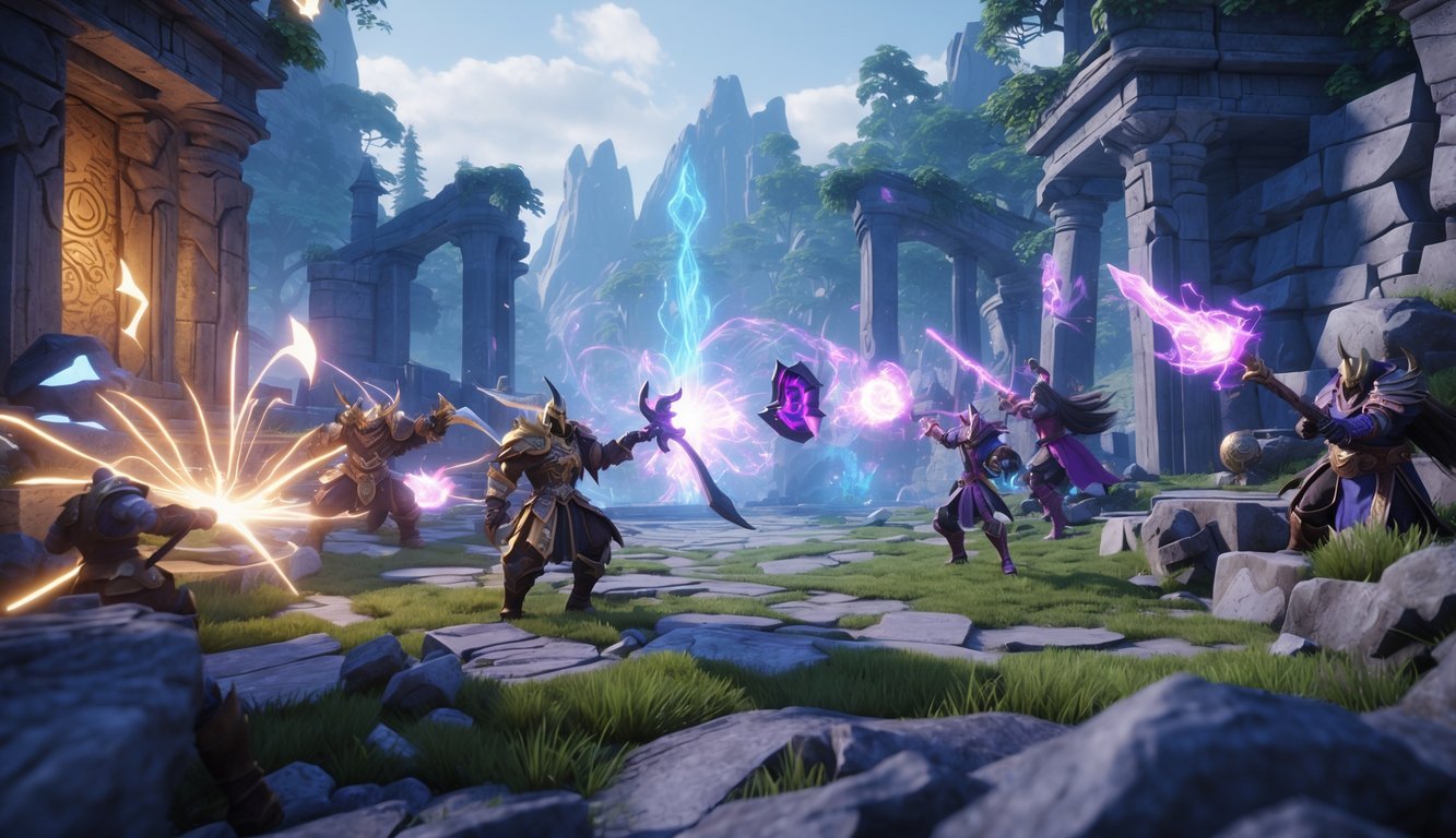 Adegan pertempuran fantasi dengan pahlawan Dota 2 di hutan dan reruntuhan kuno yang penuh efek magis.