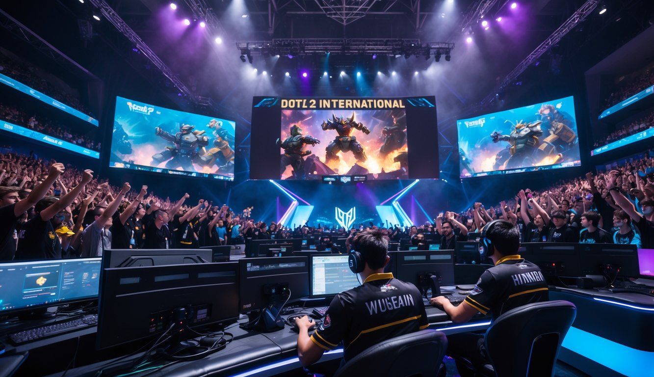 Suasana arena esports besar dengan pemain profesional Dota 2 sedang bertanding dan penonton ramai menyaksikan pertandingan.