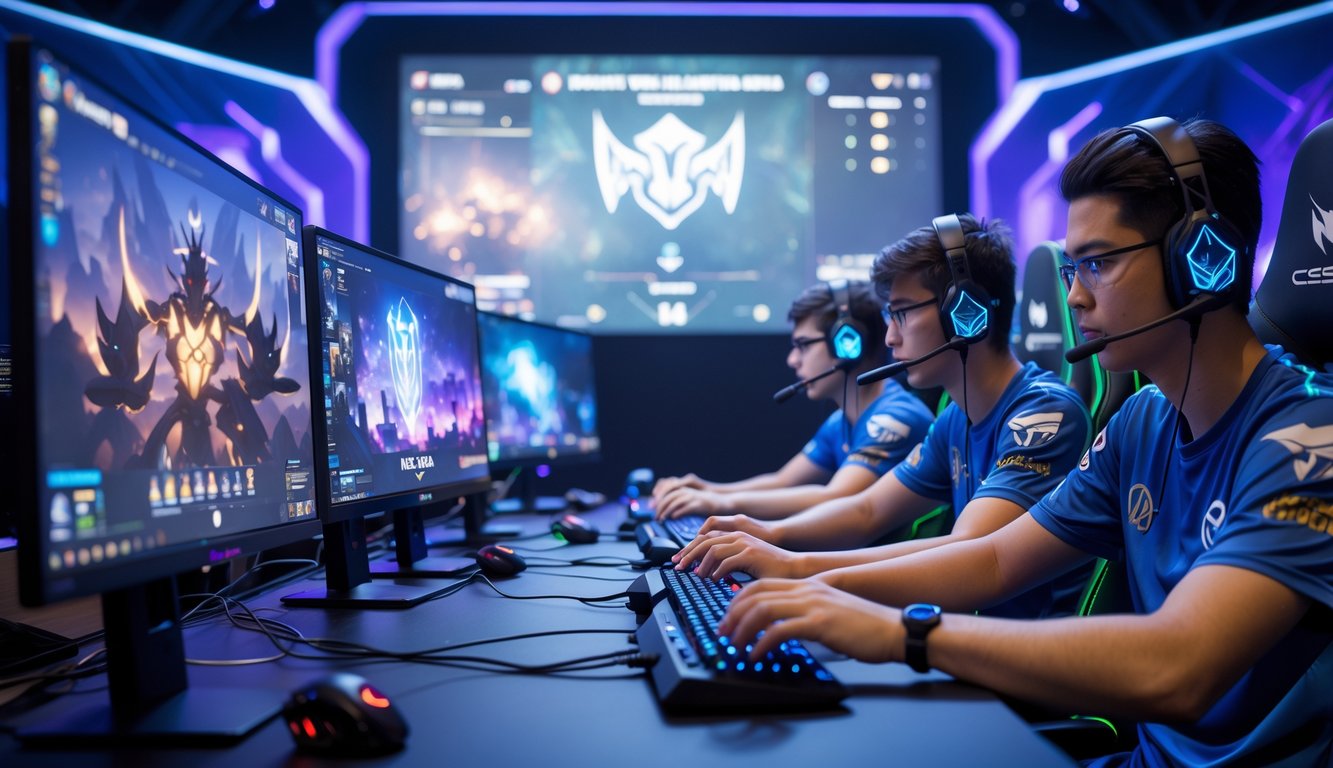Sekelompok pemain esports Dota 2 sedang bermain dalam arena dengan layar besar dan pencahayaan warna biru dan ungu.