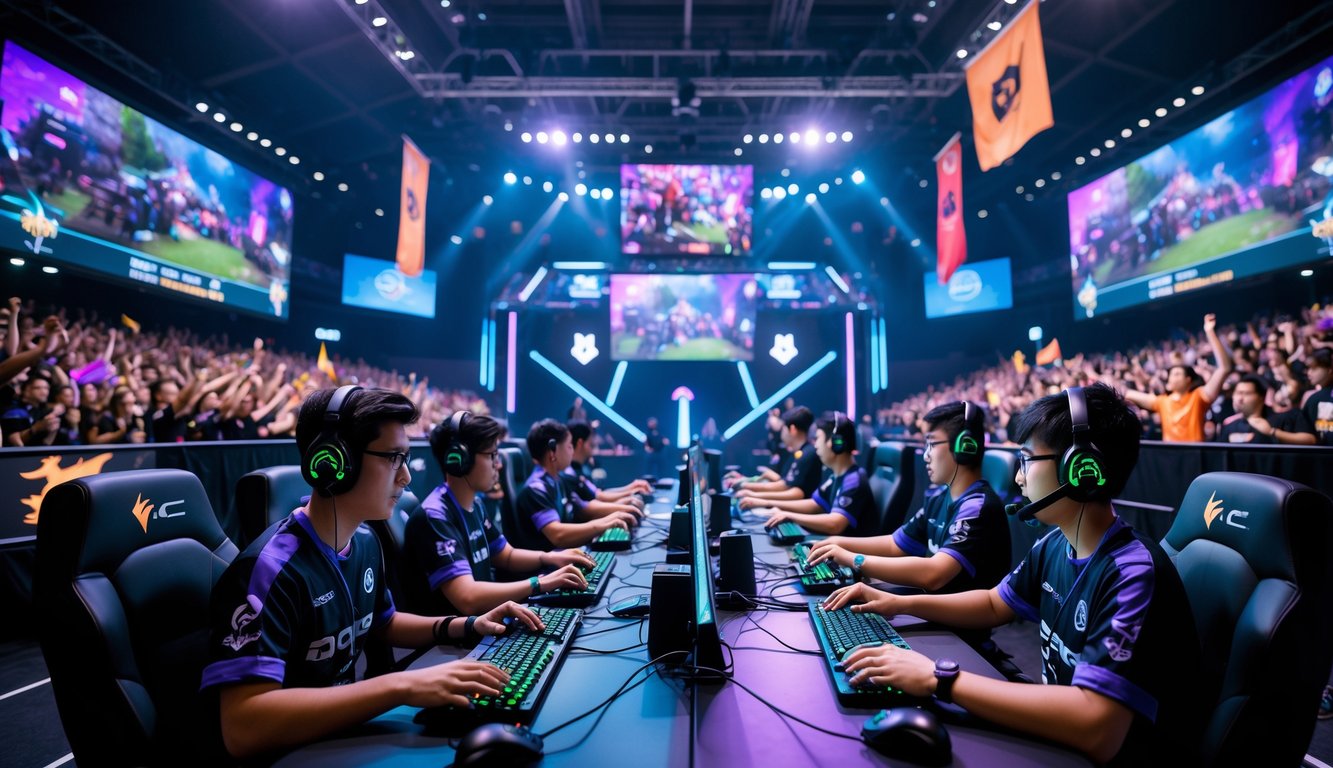 Pertandingan esports Dota 2 kompetitif dengan dua tim pemain yang serius bermain di arena besar penuh penonton yang antusias.