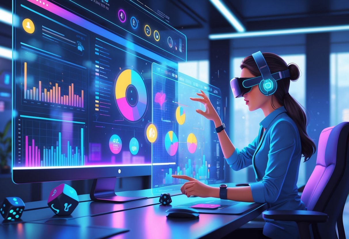 Seorang analis wanita menggunakan headset sedang melihat dan berinteraksi dengan layar data holografik yang menampilkan grafik dan pola terkait tren permainan.