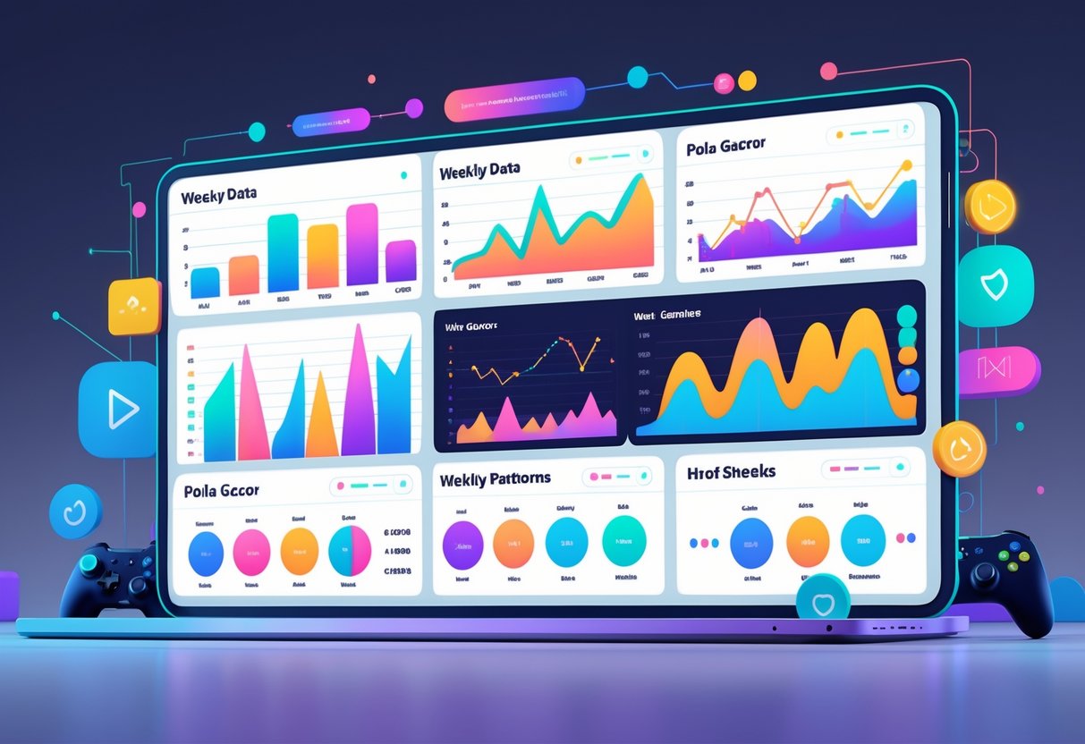 Ilustrasi profesional yang menunjukkan dashboard digital dengan grafik dan pola data pemain mingguan dalam konteks permainan.