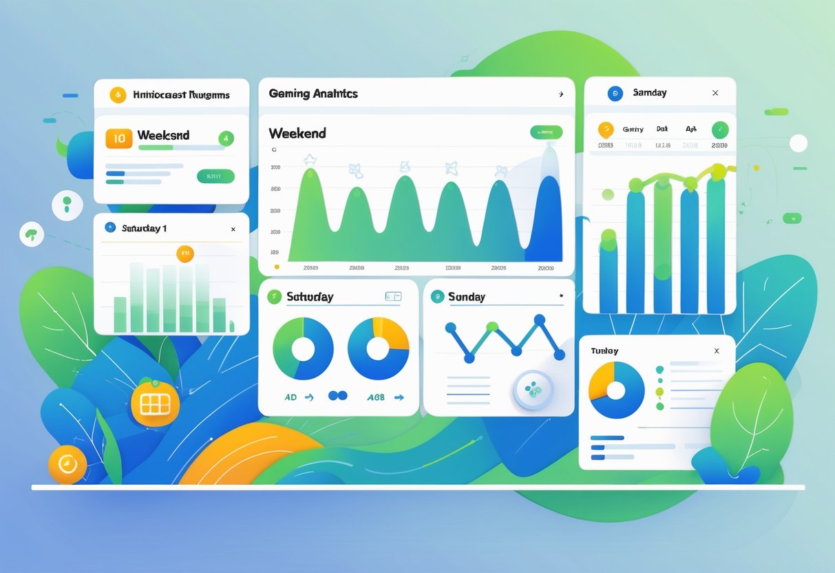 Ilustrasi profesional menampilkan dasbor analitik permainan dengan grafik dan data pola permainan akhir pekan.