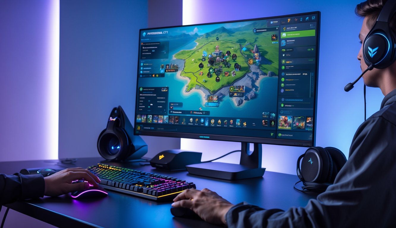 Sebuah setup komputer dengan monitor menampilkan permainan Dota 2, dilengkapi dengan keyboard, mouse, dan headset, menunjukkan suasana bermain game yang serius.