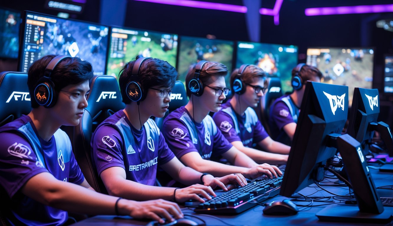 Sekelompok pemain esports sedang bermain Dota 2 dalam sebuah turnamen di arena dengan pencahayaan biru dan ungu.