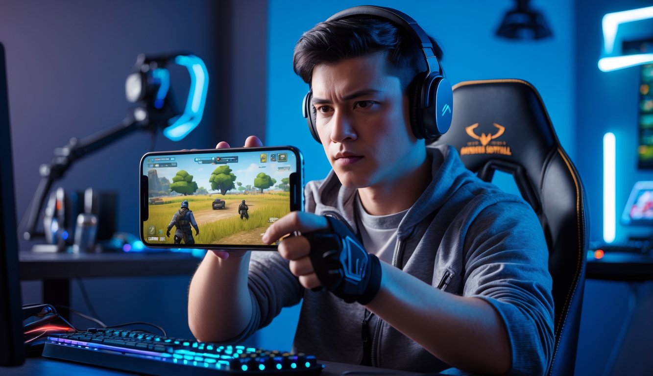 Seorang pria muda sedang fokus bermain game PUBG Mobile di ponsel pintar di dalam ruangan gaming dengan lampu ambient dan perlengkapan game di sekitarnya.