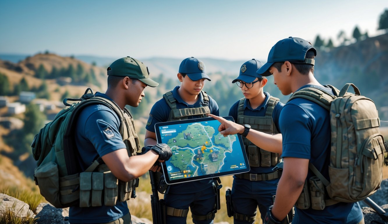 Empat pemain PUBG sedang berdiskusi dan menunjuk peta digital di luar ruangan dengan latar hutan dan medan pertempuran.