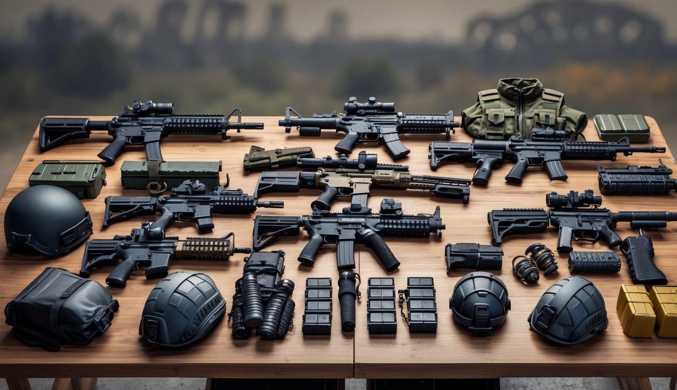 Beberapa senjata PUBG dan perlengkapan taktis yang tertata rapi di atas meja kayu.