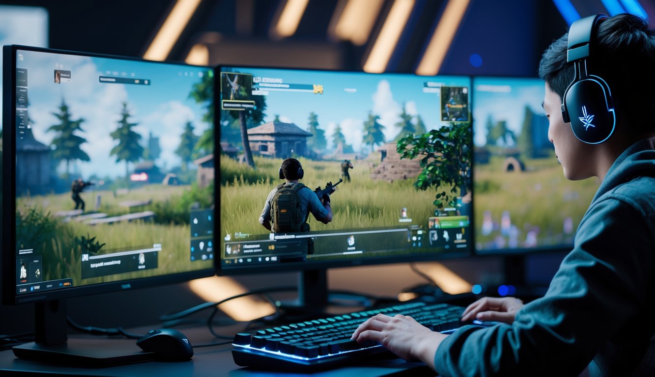 Seorang pemain fokus bermain PUBG kompetitif di depan beberapa monitor dengan pemandangan dalam game yang menampilkan karakter sedang mengincar musuh di lingkungan hutan dan bangunan.