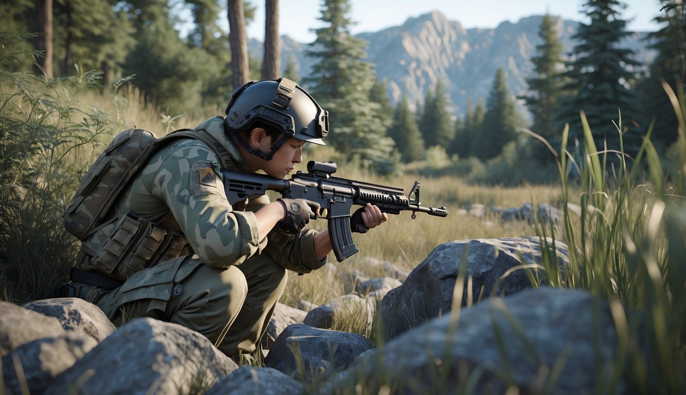 Seorang pemuda mengenakan perlengkapan taktis berjongkok di hutan, memegang senapan dan mengamati sekeliling.