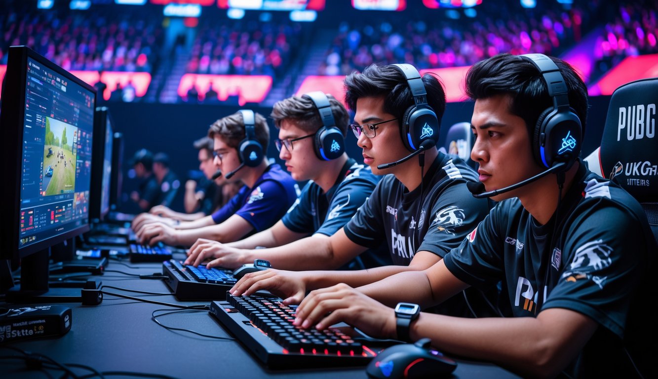 Sekelompok pemain pro PUBG sedang fokus bermain di turnamen esports dengan peralatan gaming lengkap.