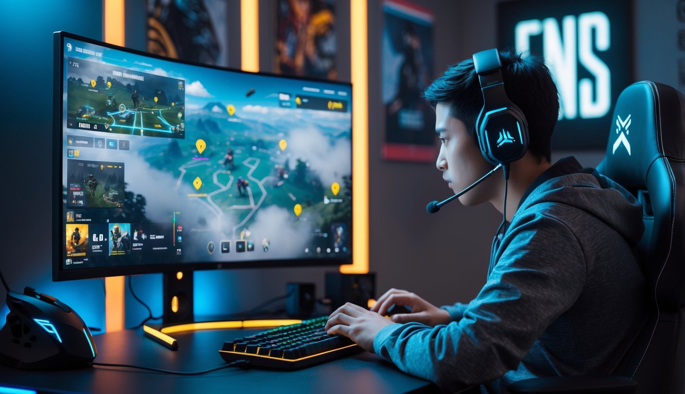 Seorang pemain game sedang fokus bermain PUBG di depan monitor besar dengan perlengkapan gaming lengkap di ruangan yang nyaman.