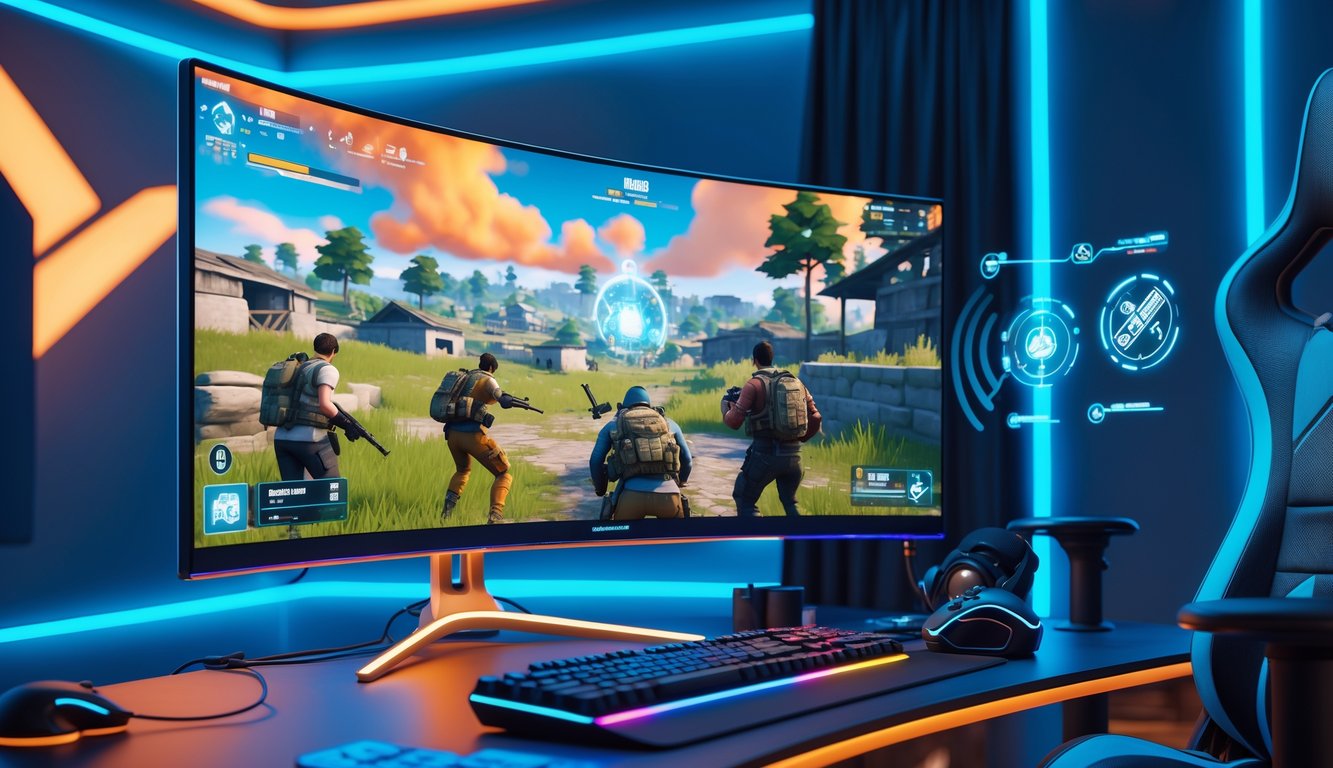 Sebuah ruang permainan modern dengan monitor besar menampilkan adegan pertempuran dalam game PUBG, dengan karakter dan pemandangan yang detail.