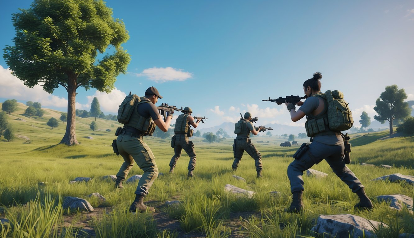 Empat pemain sedang bermain game PUBG bersama di medan perang terbuka dengan pemandangan alam dan peralatan militer.