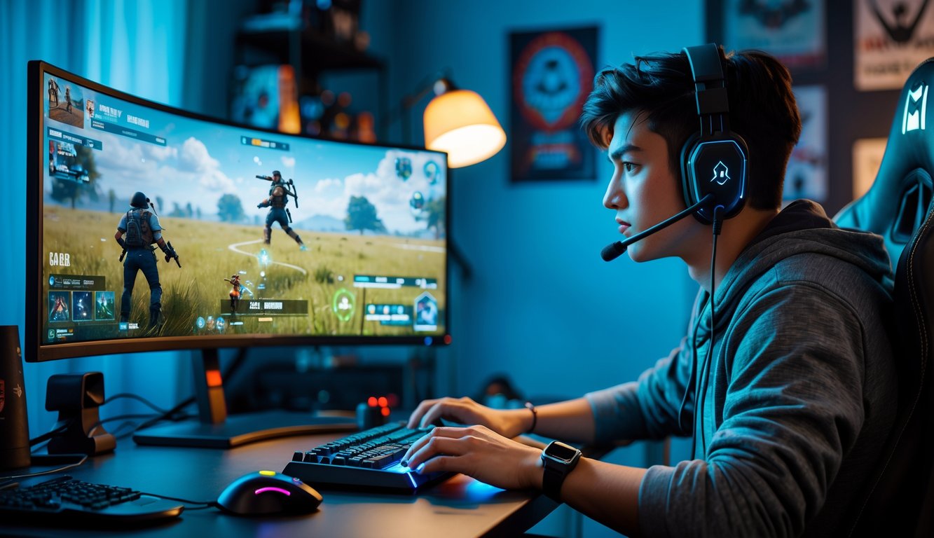 Seorang gamer muda sedang fokus bermain video game battle royale di sebuah ruangan dengan monitor besar dan peralatan gaming.