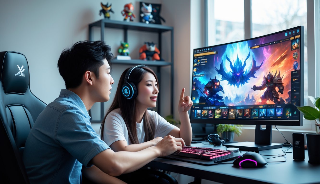 Dua orang muda sedang bermain dan berdiskusi strategi game di depan komputer dalam ruangan yang terang dan nyaman.