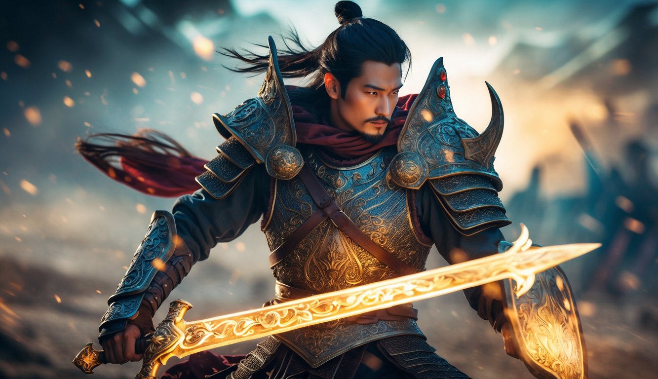 Seorang pahlawan mengenakan baju zirah lengkap sedang berpose di medan perang dengan latar belakang cahaya dramatis dan efek magis.