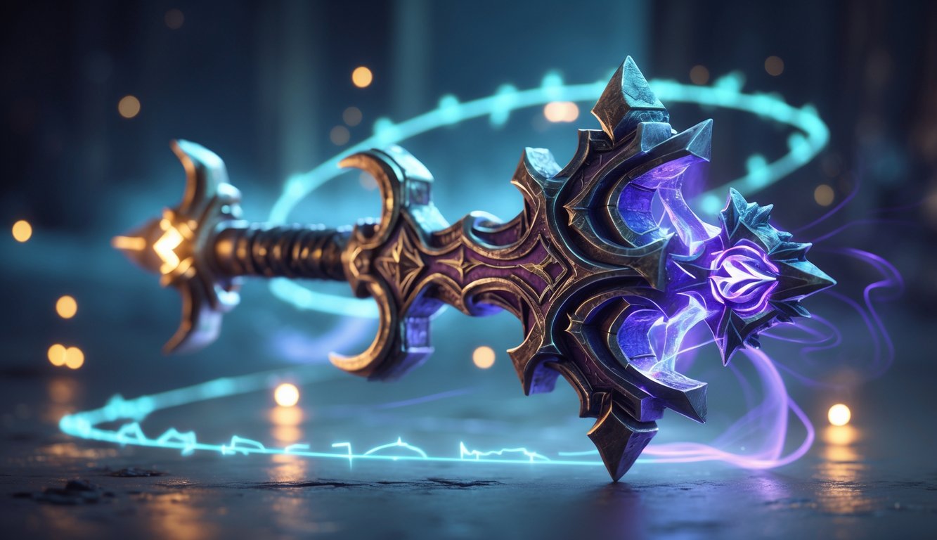 Sebuah senjata atau artefak magis bercahaya dengan latar belakang gelap dan efek cahaya yang menonjolkan desainnya.