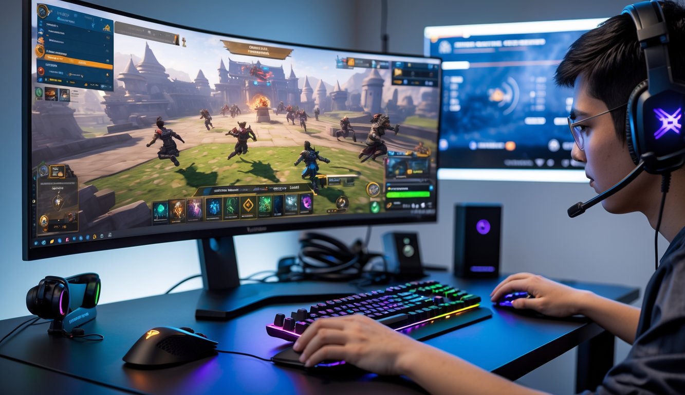 Seorang pemain game yang fokus di depan layar komputer dengan tampilan peta permainan dan karakter dalam aksi, di meja gaming yang rapi dengan perlengkapan permainan.