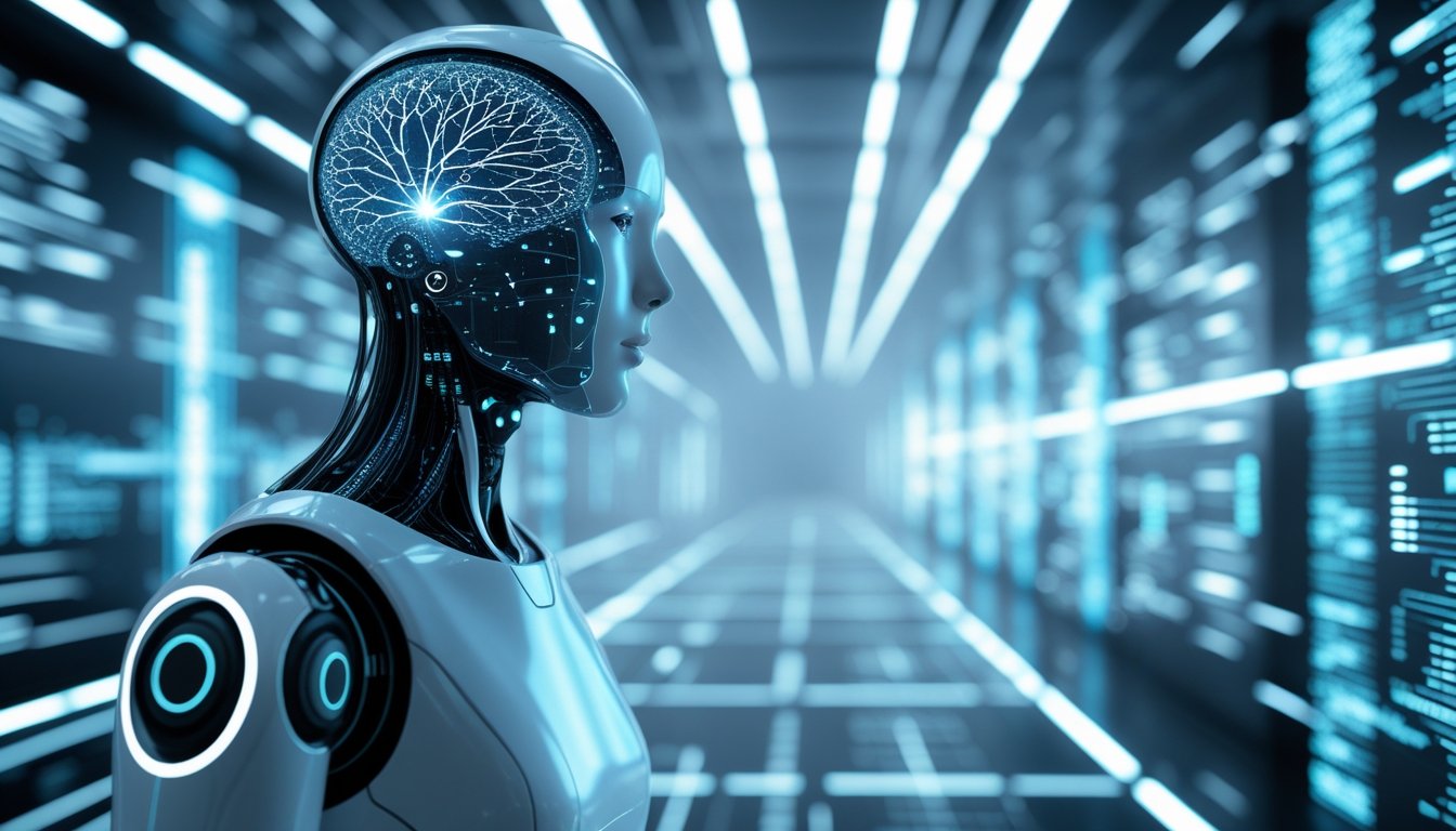 A futuristic humanoid robot with glowing neural patterns stands in a high-tech environment filled with holographic data streams and digital connections.