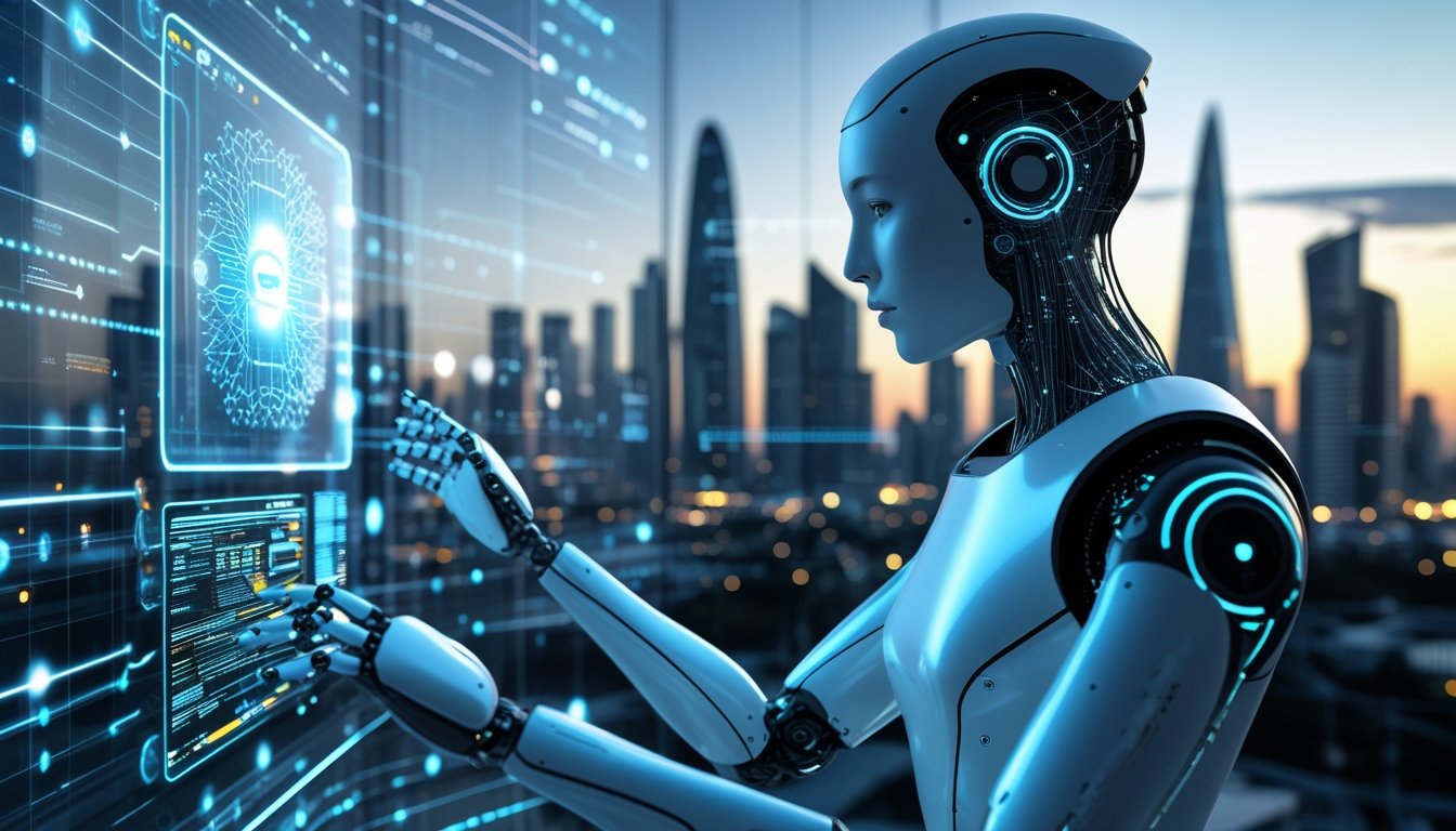 A futuristic humanoid robot interacting with a digital interface in front of a modern cityscape at twilight.