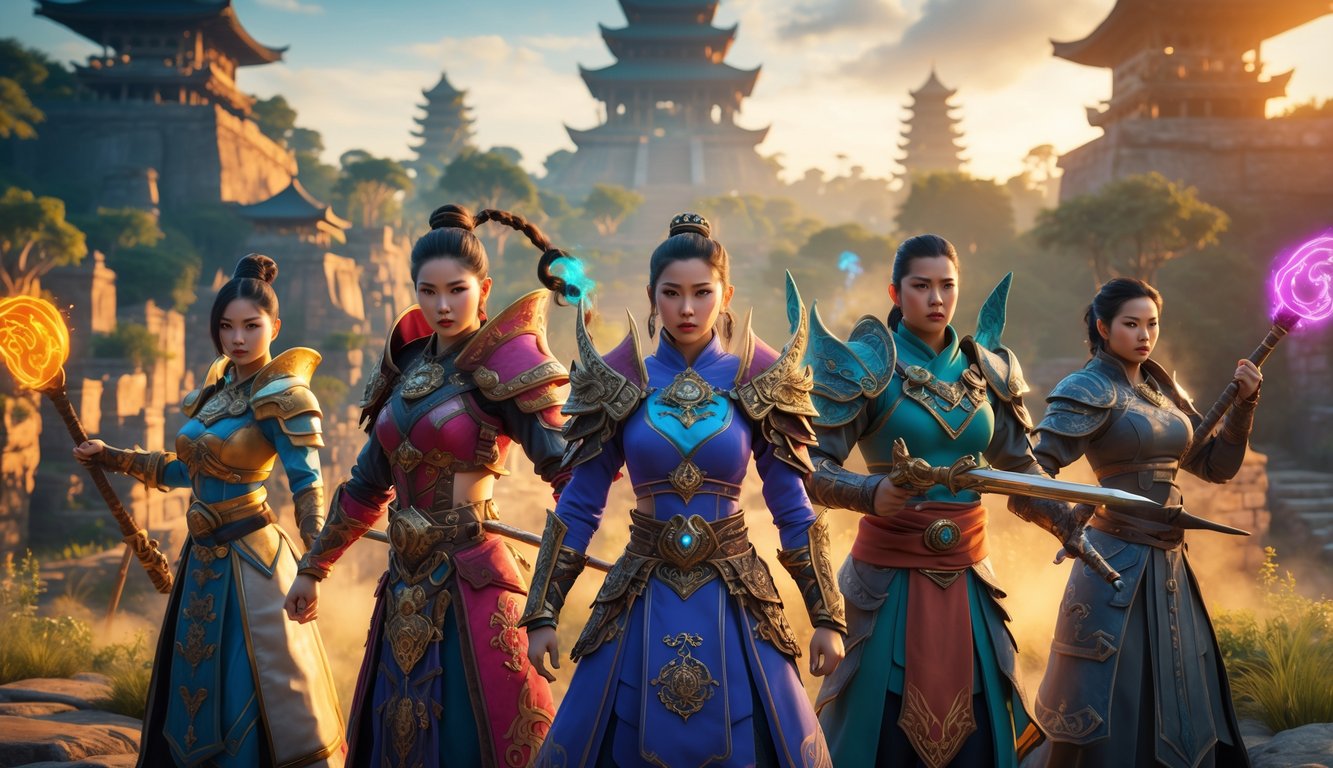 Sekelompok pahlawan berbusana warna-warni berdiri siap bertarung di medan pertempuran fantasi dengan latar belakang kuil dan hutan yang rimbun.