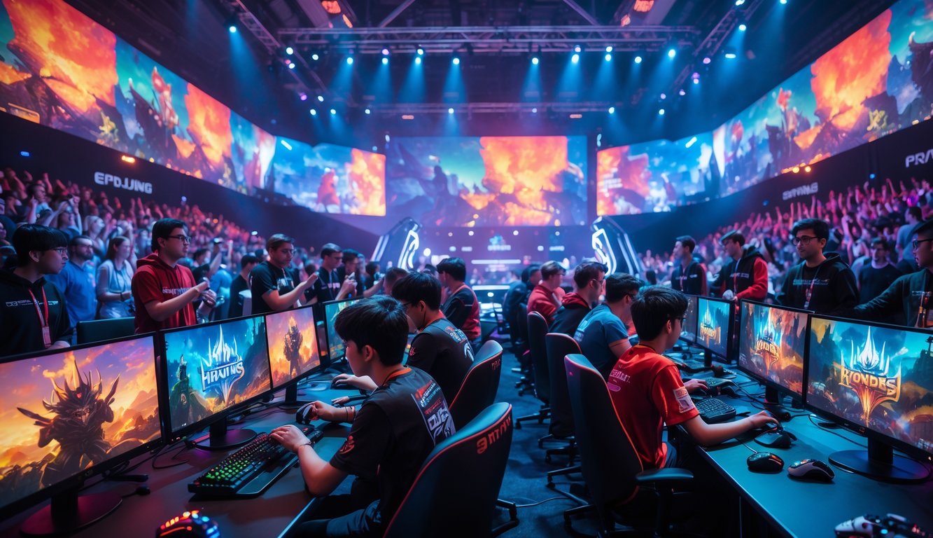 Suasana kompetisi esports dengan pemain muda yang fokus bermain di arena gaming yang terang dan penuh semangat, dikelilingi oleh penonton yang antusias.
