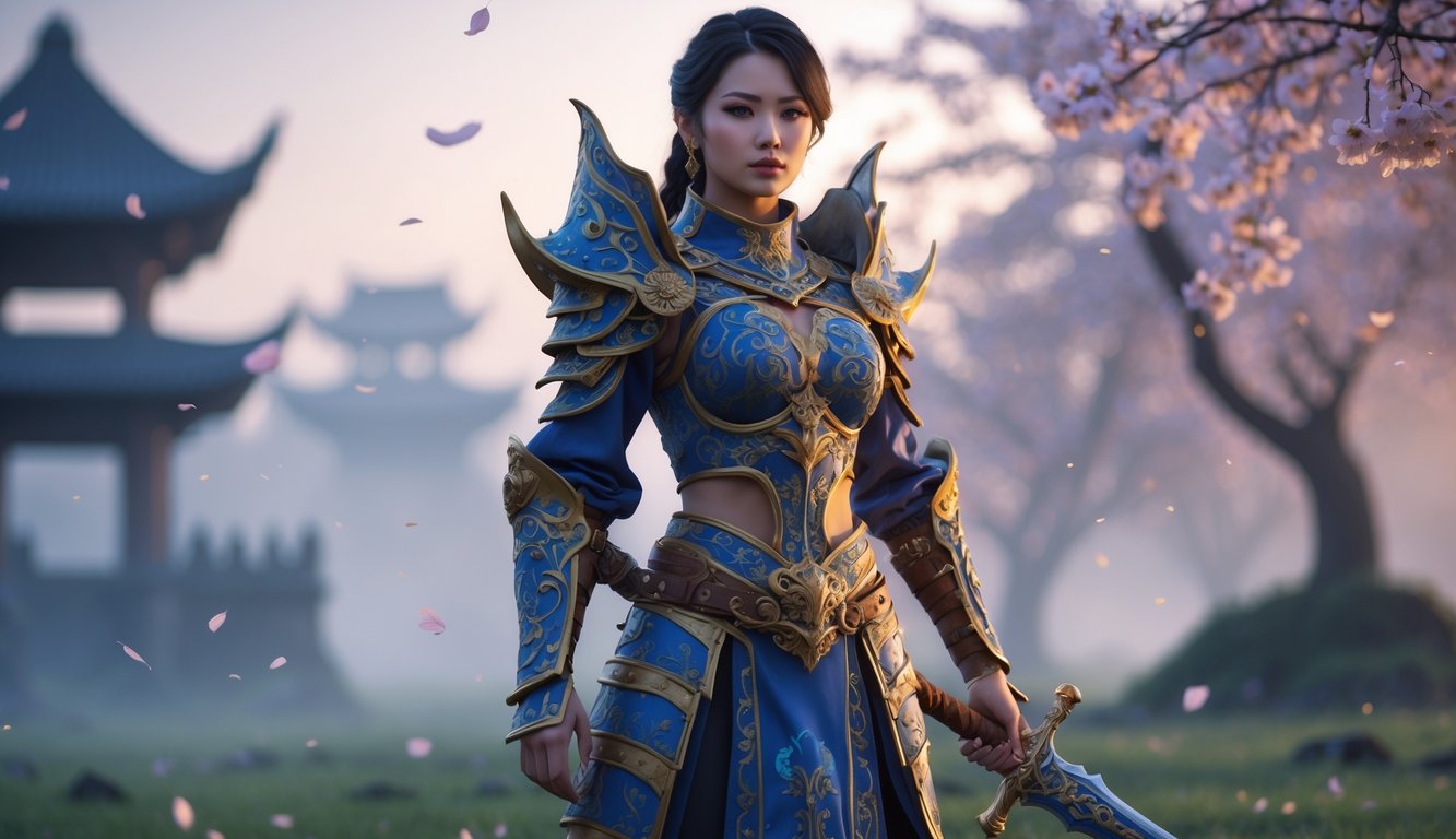 Seorang pejuang wanita berpakaian baju zirah mewah berdiri di medan perang berkabut dengan latar belakang kuil kuno dan pohon bunga sakura.
