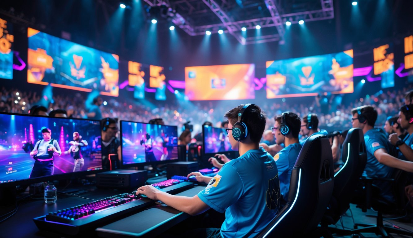 Arena esports futuristik dengan pemain yang fokus bermain game di depan layar besar dan penonton yang antusias.